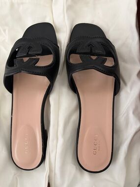 Gucci Black Leather Double G Cutout Slide Sandals